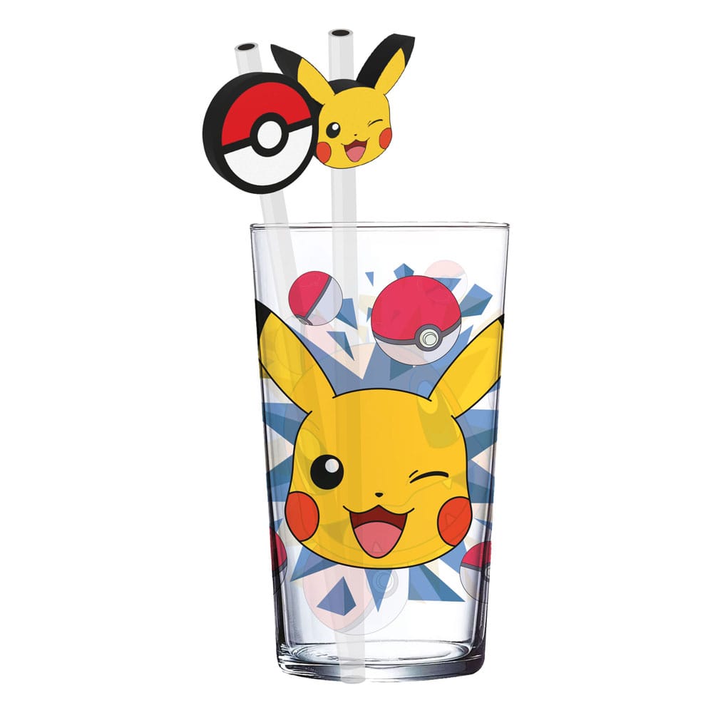 Pokémon: Glas-Tumbler – Pikachu – mit Trinkhalmen – 485 ml