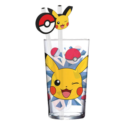 Pokémon: Glas-Tumbler – Pikachu – mit Trinkhalmen – 485 ml